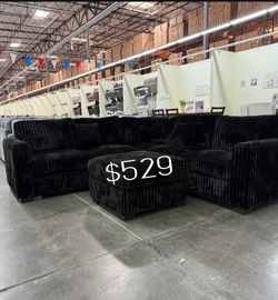 Gorgeous‼️ 4-Pc Black Fur-Like Jumbo Corduroy Sectional Sofa With Ottoman