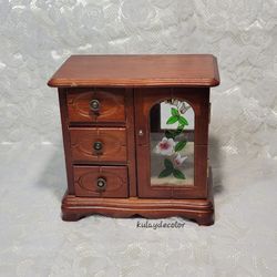 Vintage Wooden Jewelry Box Organizer 3 Drawer Mirrored Floral Glass Door Trinket