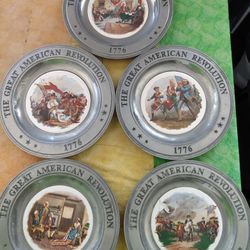THE GREAT AMERICAN REVOLUTION 1776 COMMEMORATIVE PLATES PEWTER & CERAMIC SET 5 PLATES VINTAGE $85 ALL