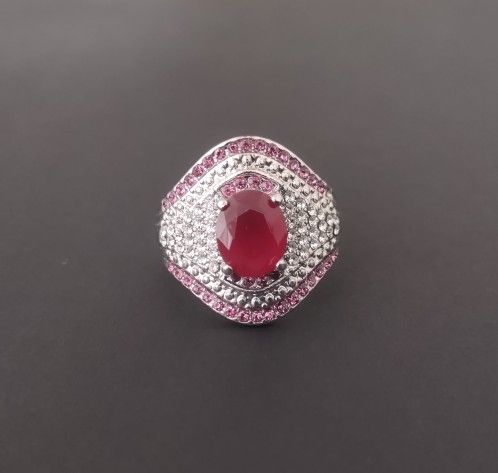 Cute .925 Sterling Silver & Red Cubic Zirconia Cocktail Band Ring - Size 9 1/2