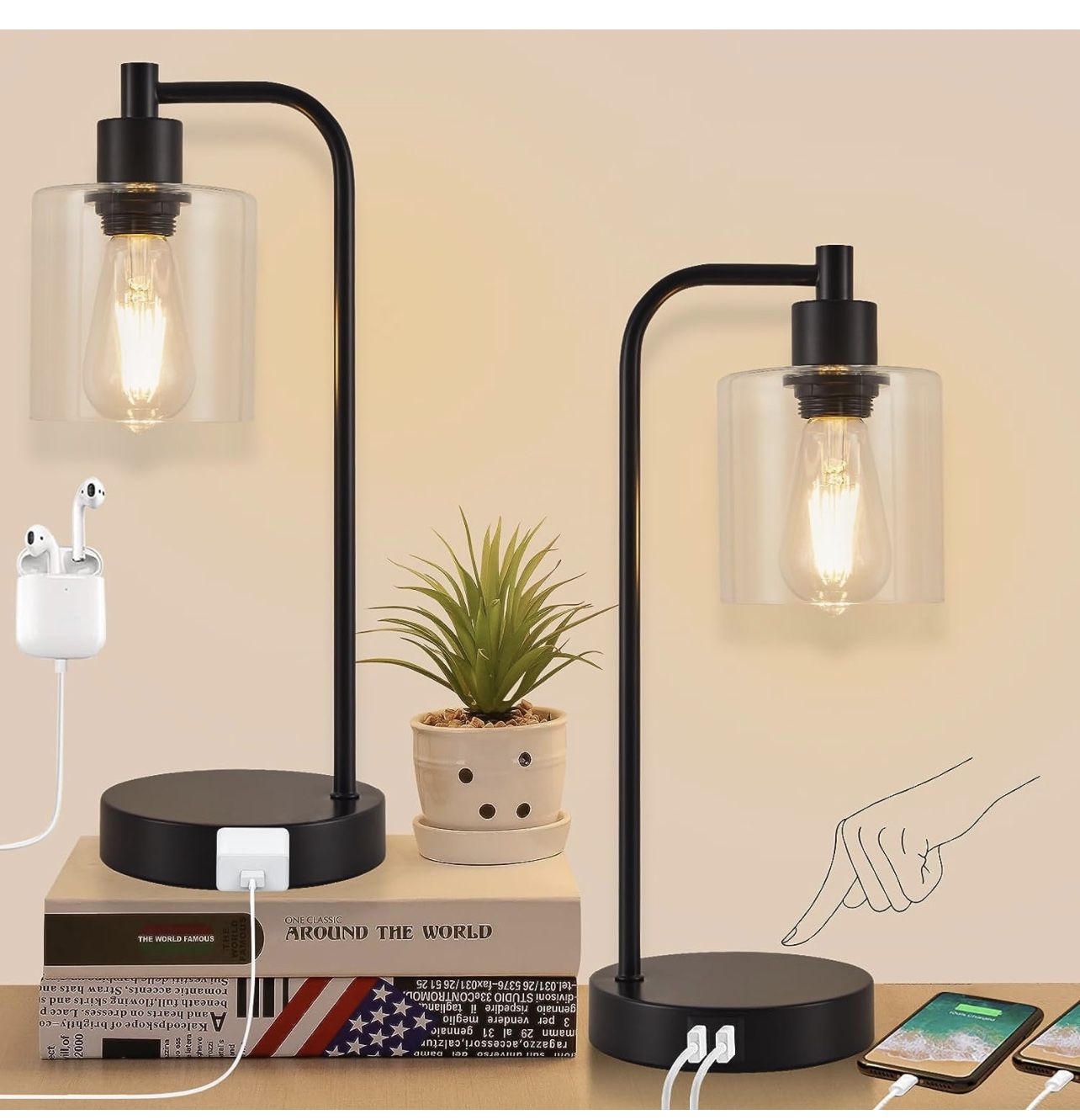 Bedside Lamps for Nightstand,Touch Table Lamps for Bedrooms Set of 2,Bedroom Lamps Set of 2 with USB Ports and Outlets,3-Way Dimmable Modern Table Lam