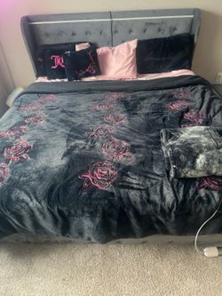 Gray Velvet Queen Bed Frame – Excellent Condition | Moving Sale