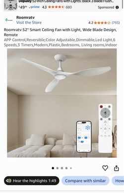 Roomratv 52" Smart Ceiling Fan with Light