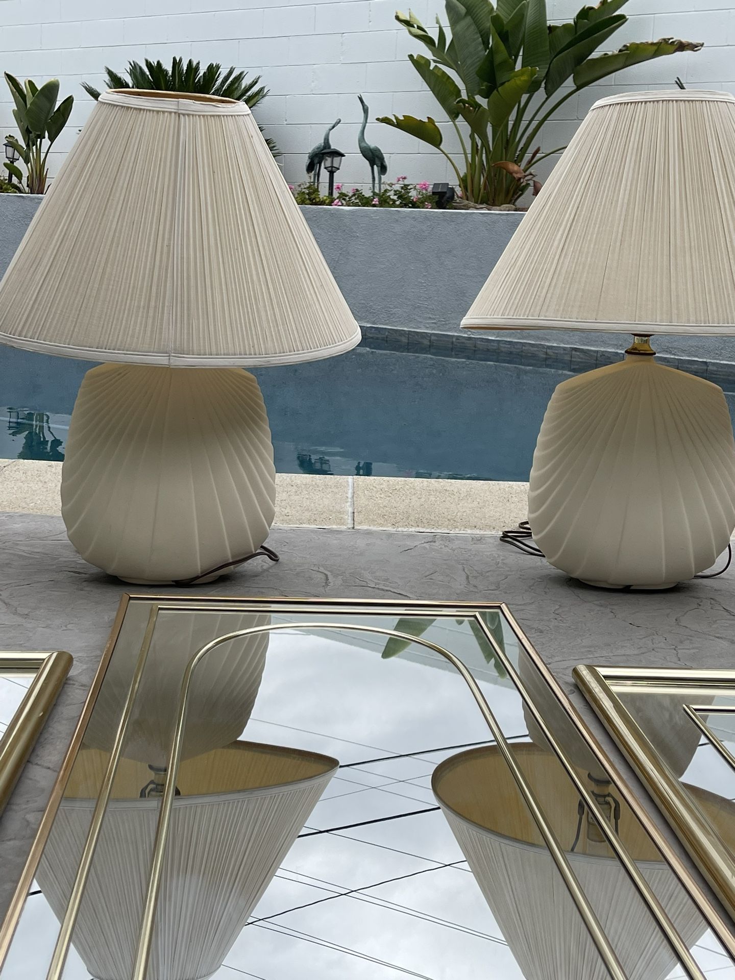 Rare Beautiful Post Modern Shell Plaster Art Deco Table Lamps. Original Shades 70s -80s Vintage