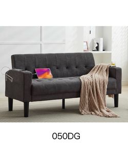 62 Inch Linen Upholstered Tufted Mid-Century Modern Loveseat Sofa w/ 2 USB Charger Ports and 2 Cupholders, Small Love Seat Couches for Living Room, Be