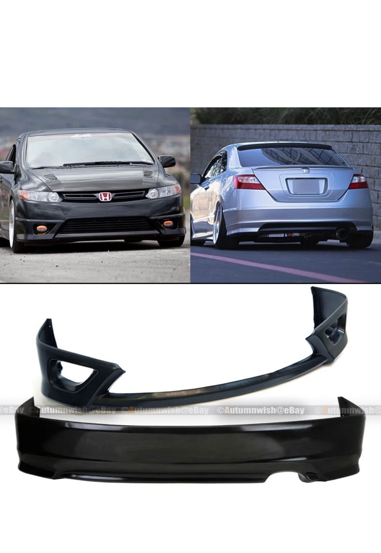 Fit 06-08 Civic 2Dr Coupe HF-P Style Front + Rear Lip Unpainted Body Kit Add On