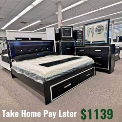 "The Nobility of Black Meets LED Glow – Bedroom Set with Storage"