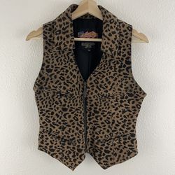 Vintage 90s Tan Black Suede Leather Cheetah Print V Neck Zip Up Biker Vest Top