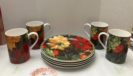 8 Hallmark Sakura Abundance 4.25" Mugs 12oz & 8.5” Plates Christmas Poinsettias