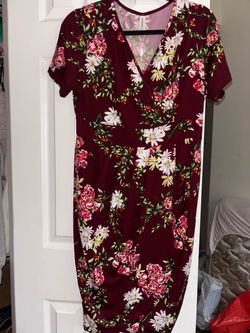 Burgundy Floral Faux-Wrap Sheath Dress – Size Large