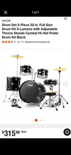 VEVOR Drum Set 5-Piece 22 in. Full Size Drum Kit 0-Lumens with Adjustable Throne Stands Cymbal Hi-Hat Pedal Drum Kit Black