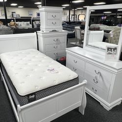 Twin Size BedroomSet Including Bed Dresser Mirror Chest Nightstand. Delivery & Set Up Available 