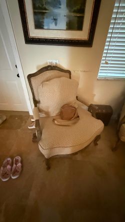Pair of Vintage Upholstered Armchairs – Ornate Wood Frame - Set of 2