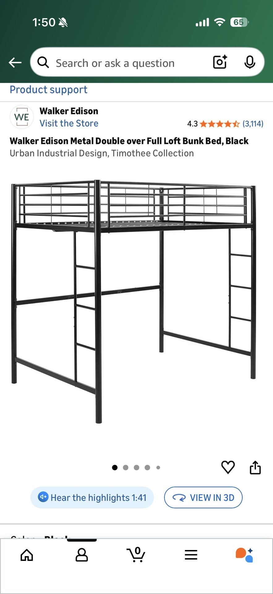 Walker Edison Metal Double over Full Loft Bunk Bed, Black