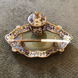 Fabulous Antique Cloisonné And Jade Inkwell 
