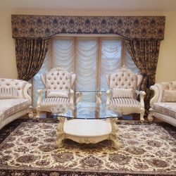 complete Set Two sofas with chairs, coffee table, curtains, dining table with 6 chairs, like new