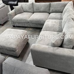 New! Plush Sectional Sofa And Ottoman, Corduroy Sectional, Sofa, Couch, Grey Sectional, Gray Sofa, Grey Couch, Soft Plush Sectional, L-Shaped Couch  D