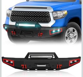 Front Bumper for 2014 - 2021 Tundra with Paintable Armor, Winch Plate, License Plate Bracket, Sensor Holes, 5 x LED Lights & D-rings, Xbcb-0030