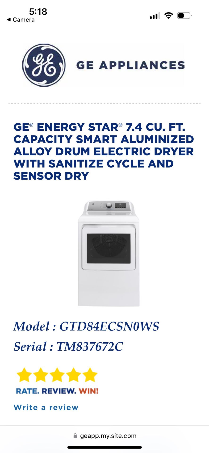 GE 7.2 ci  Electric Dryer