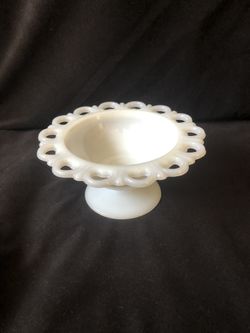 Vintage Anchor Hocking Open Lace Edge Milk White Glass Compote 7"
