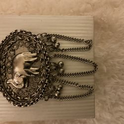 Vintage Silver Tone Elephant Brooch With Dangling Chain/charms