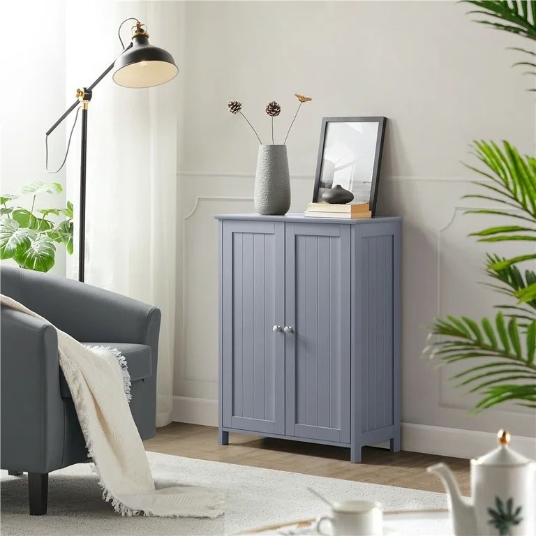 Wooden Floor Cabinet with 2 Durable Doors and 2 Adjustable Shelves, Gray