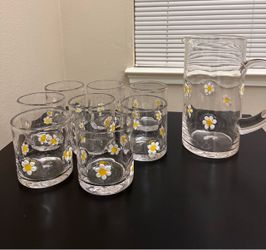 Handmade Daisy Glass Pitcher + 8 Tumblers Set