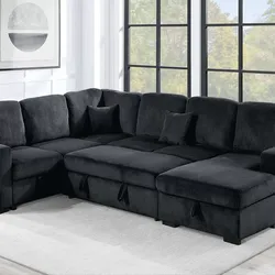Brand New Black Corduroy Sectional Sofa Storage Sleeper