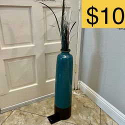 Tall Turquoise Blue Decorative Floor Vase with Artificial Branches (SELLING FOR $10)
