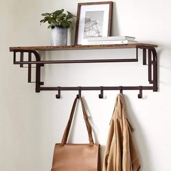 Wall-Mounted Coat Rack, Wall Hook Rack with Hanging Rod, Storage Shelf, Laundry Room Shelf with Hooks, Rustic Brown and Bronze