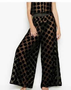 Victoria's Secret VS XL black Wide Leg Dot sheer mesh velvet Pants Sexy Lounge nwot elastic waist  approximately measurements flat unstretched 17" str