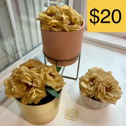 3pc Real Touch Faux Floral Arrangements in Gold Ceramic Ribbed Planters Set (SELLING FOR $20)