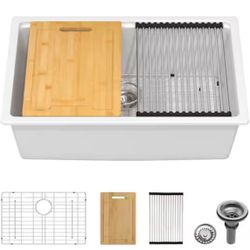 LORDEAR 28 in. Quartz White UnderMount Single Bowl Workstation Kitchen Sink with Accessories