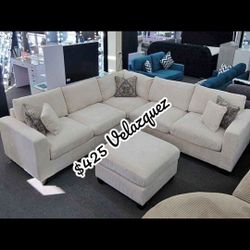 ✅️✅️️✅️4 pc ivory cordury fabric upholstered sectional sofa with ottoman✅️✅️