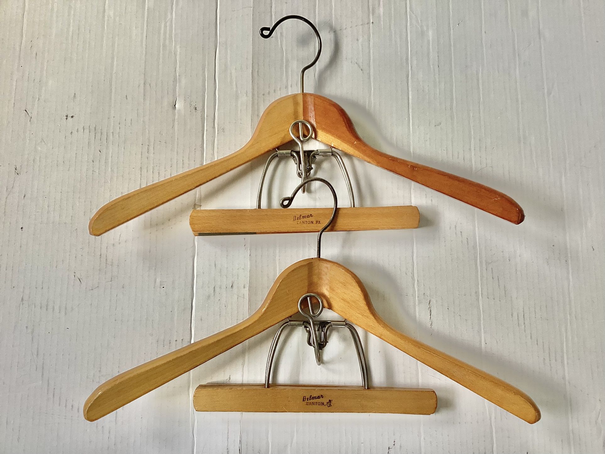 2 Mid-Century Wooden Suit Hangers 2-in-1 Jacket Pants/Skirt Garment Hangers Heavy Duty Belmar Co. Canton, PA