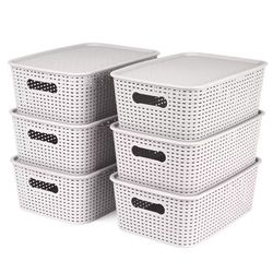 Plastic storage bins basket with lid medium size gray 6 packs