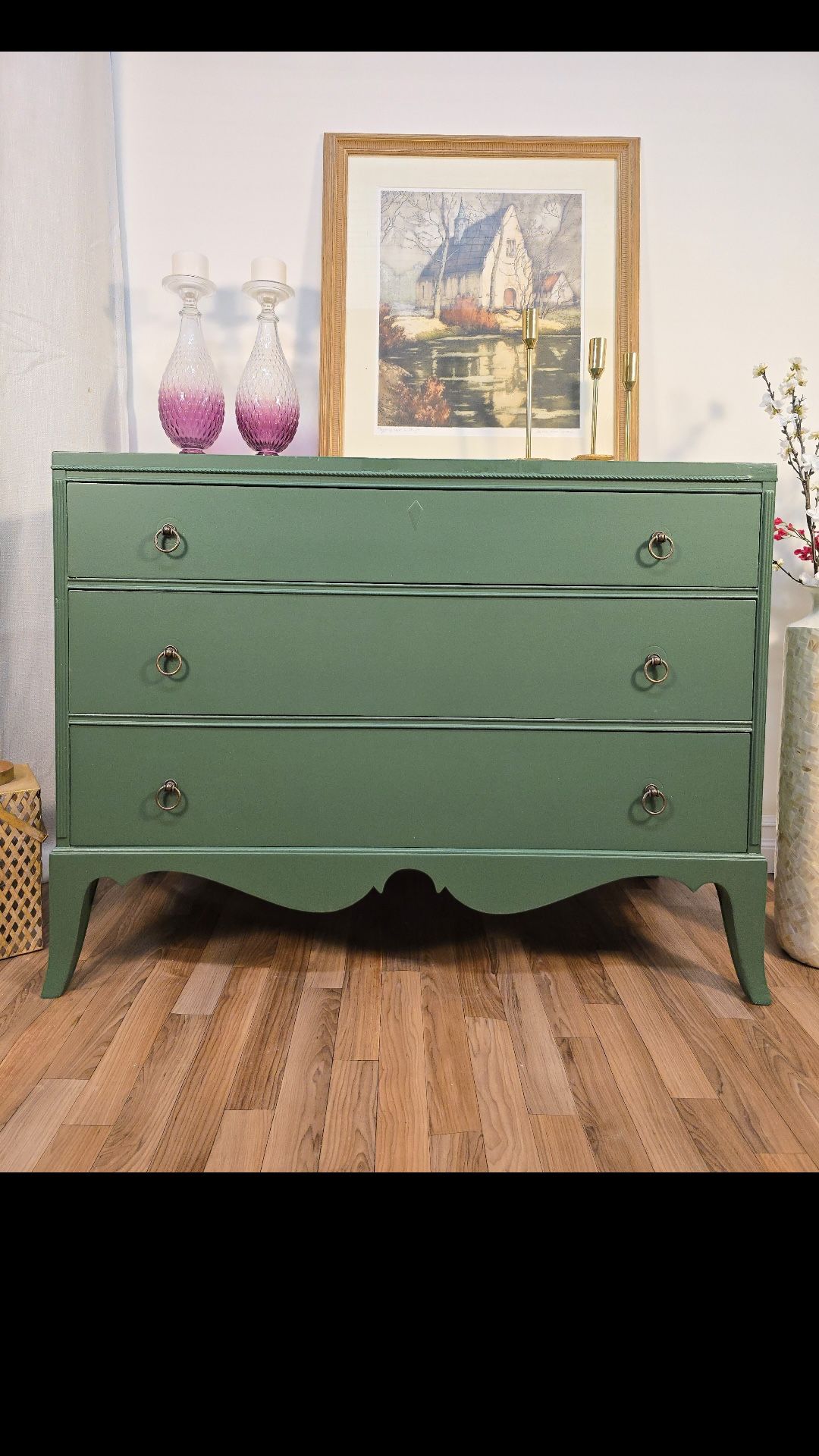 🚚 FREE Delivery + Long Wood Dresser, Refinished in Sage Green, Brass Pulls NR25201