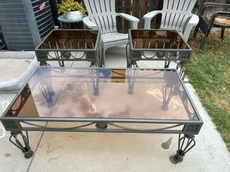 Coffee table end table and side table smoke glass antique silver legacy occasional table set 1224