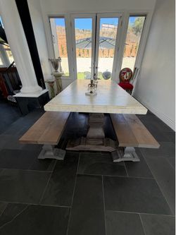 Antique dinner table restoration hardware benches are not included