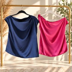 Satin Cowl Neck Cap Sleeve Tops – Set of 2