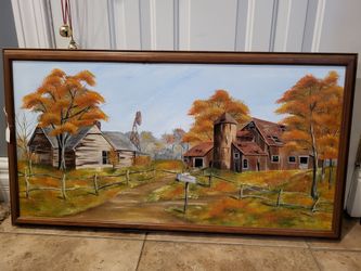 Farm Scene oil painting framed, approx 20x37" artist Kevin Cagle