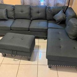 Linen Sectional Sofa with storage ottoman 