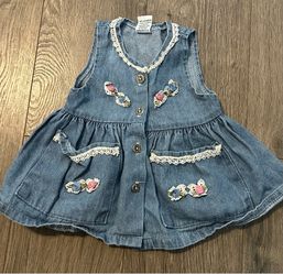 Vintage Baby Denim Dress Lace Ribbon Rose Button Down Sz Small