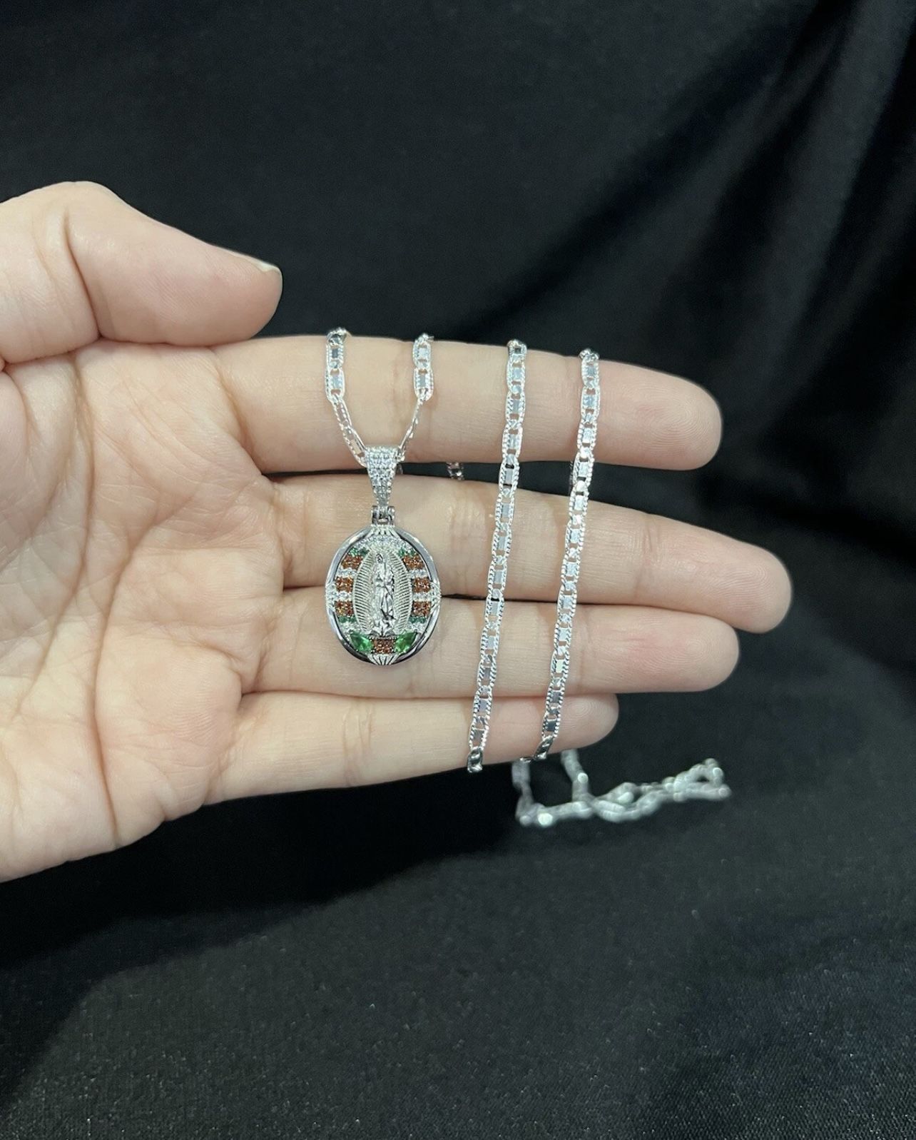 925 Sterling Silver Men Virgen Virgin Maria CZ Pendant Valentino Chain