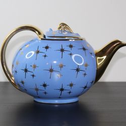 HALL MCM Periwinkle Blue & Gold Atomic Starburst STAR CADET 6 Cup TEAPOT 1950’s