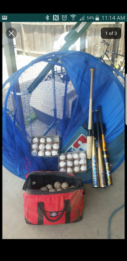 Soft toss hitting machine with balls and hitting net plus bats