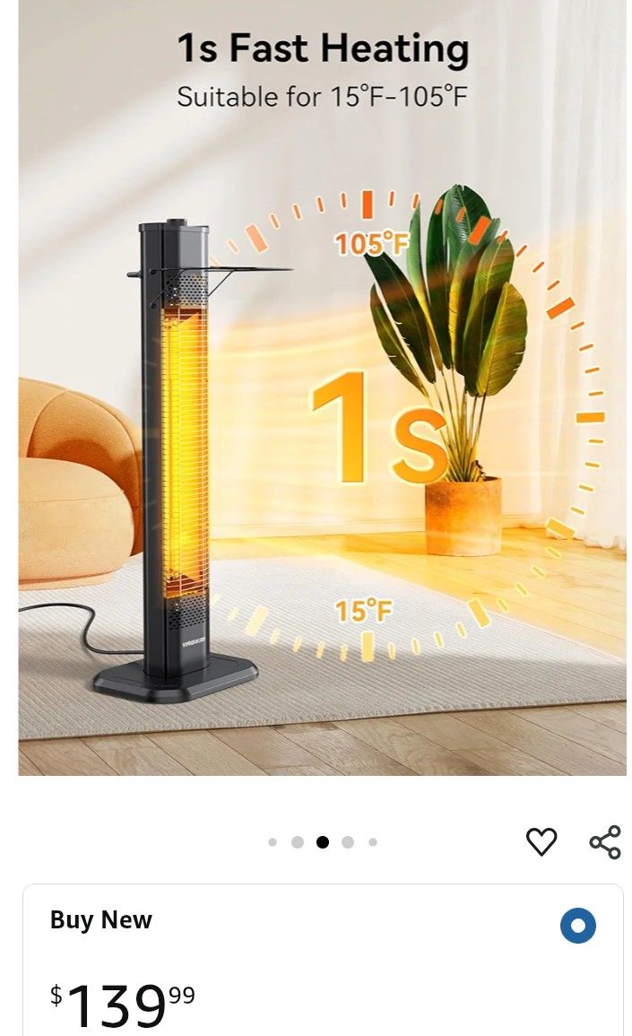 VAGKRI Outdoor Infrared Heater, 1500W 36inch Electric Heater with 3 Heating Levels, Tip-Over & Overheat Protection, IPX5 Waterproof Tower Space Heater