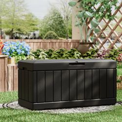 90 Gallon Deck Box Lockable Resin Outdoor Storage Box waterproof Outdoor Container for Patio Furniture Cushions, Pillow and Pool Toys