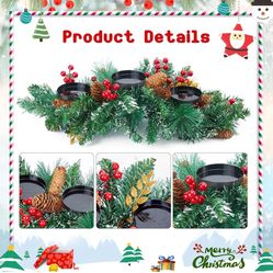 Brightown 20.5“ Iron Christmas Candle Holder, Pine Needles, Red Berries, Gold Balls and Golden Branches Tabletop Decoration with 3 Candle Holders for 