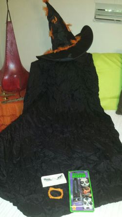 Halloween costume -witch cape and hat with eye lashes/black cream makeup and orange (vampare teeth (never used))